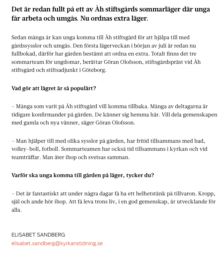 Fullt på sommarläger på Åh stiftsgård. Kyrkans Tidning 3 mars 2016.